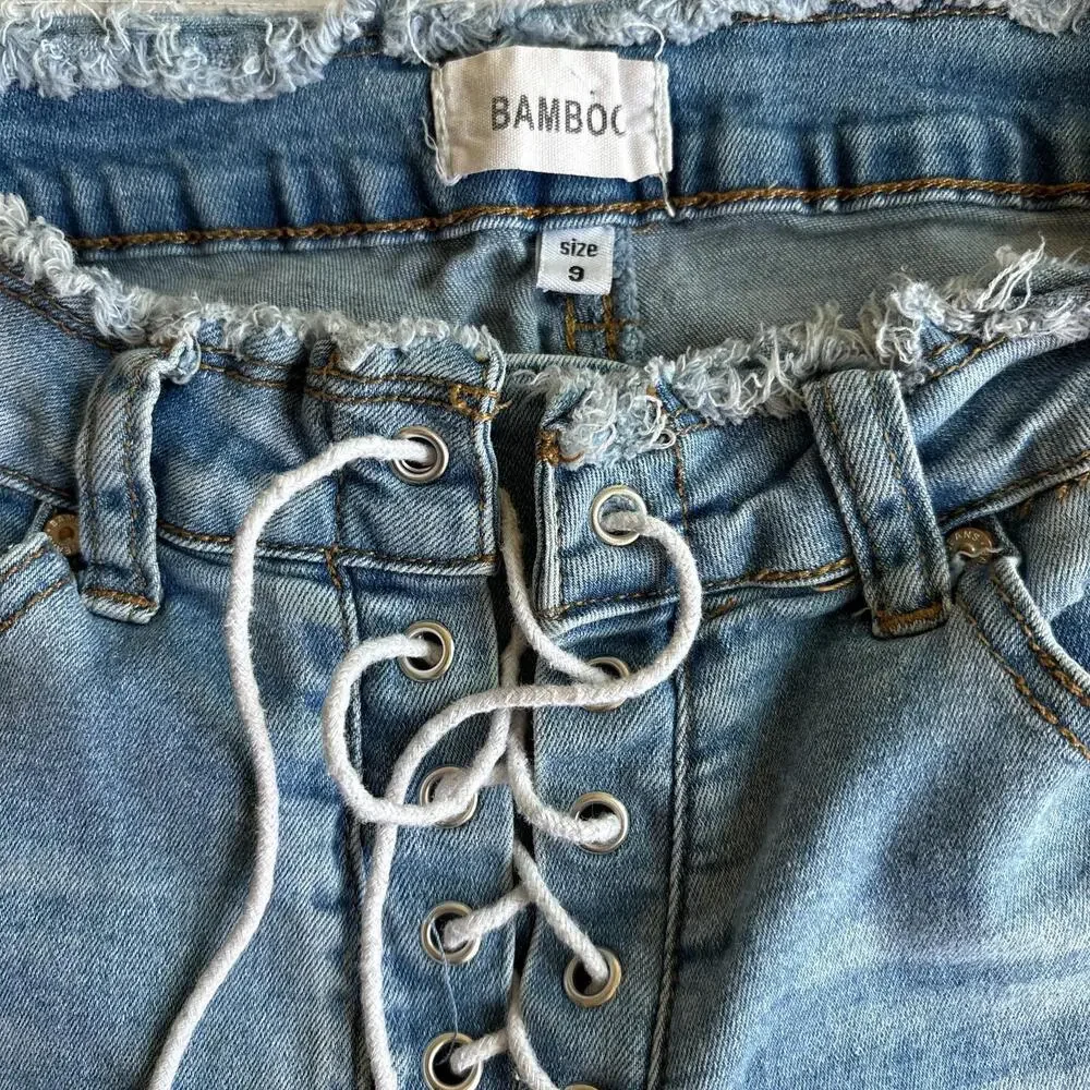 Bamboo Womens Size 9 Lace Up Flare Jeans Frayed Hem Y2K Vintage Denim Streetwear - Picture 4 of 8